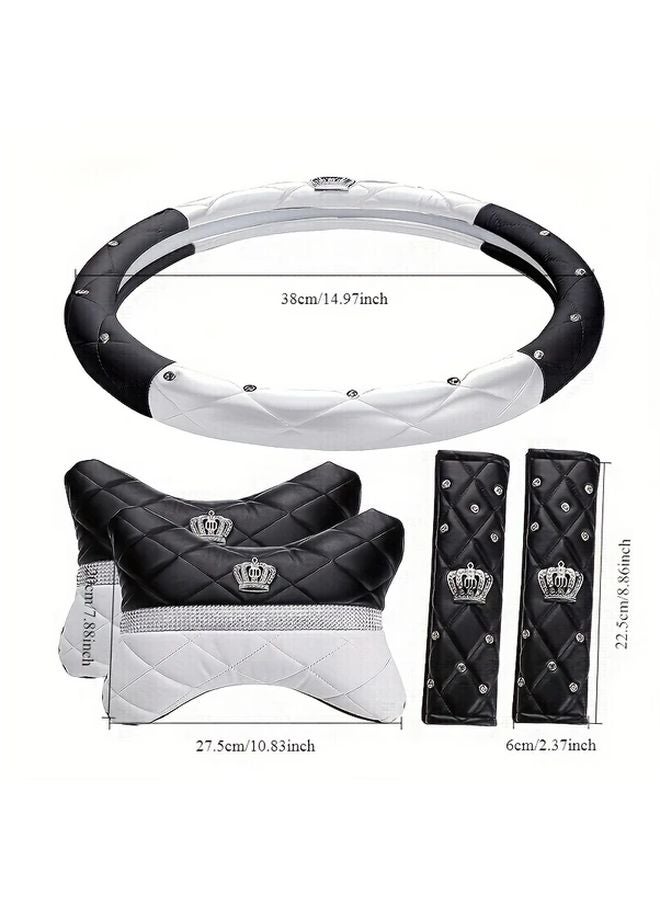 Five Piece Black Faux Leather Car Accessories Set Steering Wheel Cover Neck Pillow Armrest Cushions - Image 2